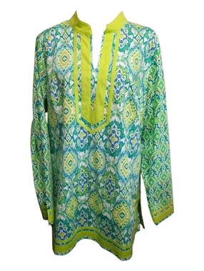 Printed Green Tunic Top with Lime Trim Large